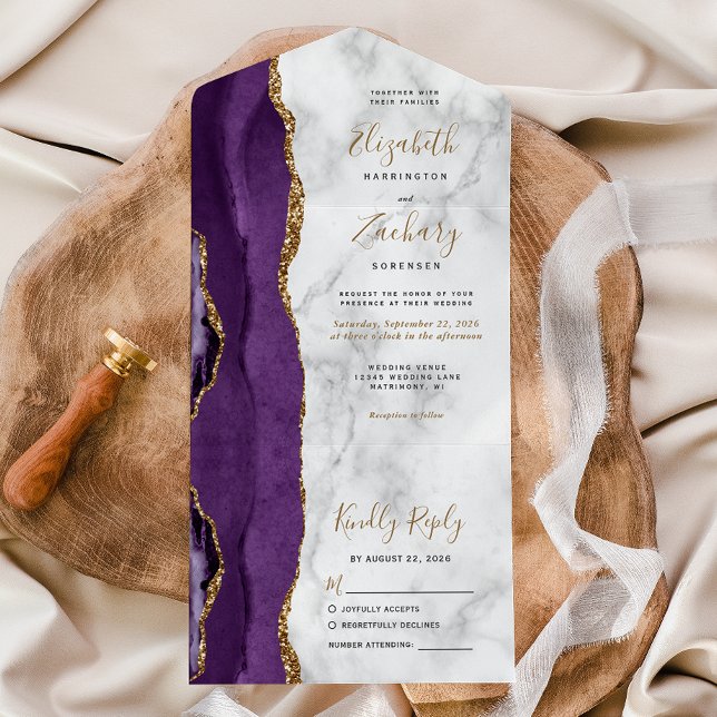 Modern Purple Gold Agate Marble Wedding All In One Invitation (Creator Uploaded)
