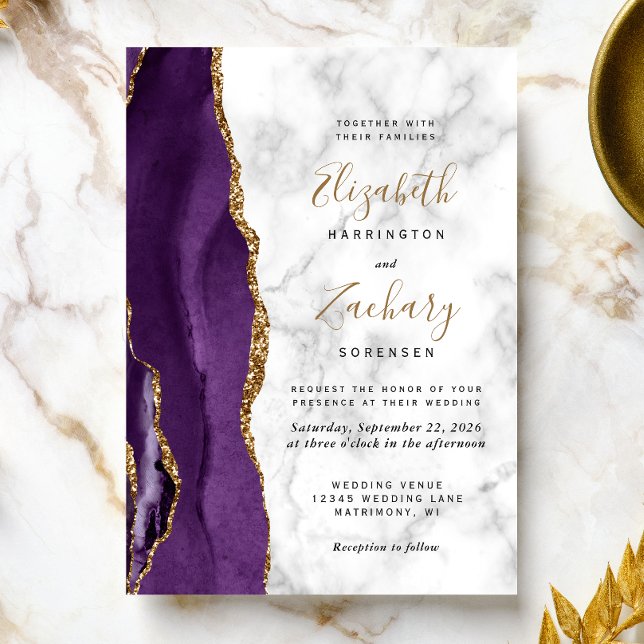 Modern Purple Gold Agate Marble Wedding Invitation (The perfect choice for a purple and gold themed wedding.)