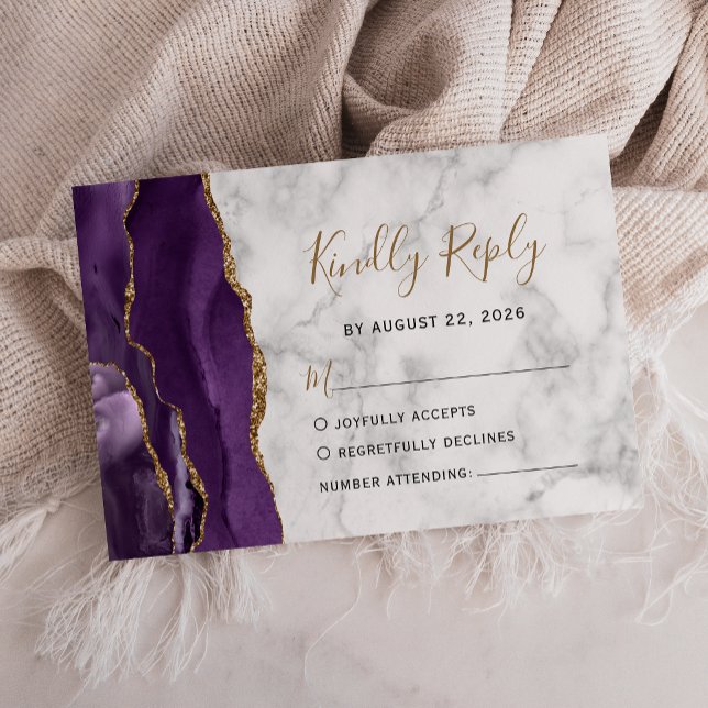 Modern Purple Gold Agate Marble Wedding RSVP Card (Creator Uploaded)