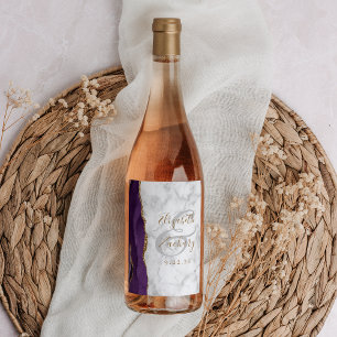 Modern Purple Gold Agate Marble Wedding Wine Label