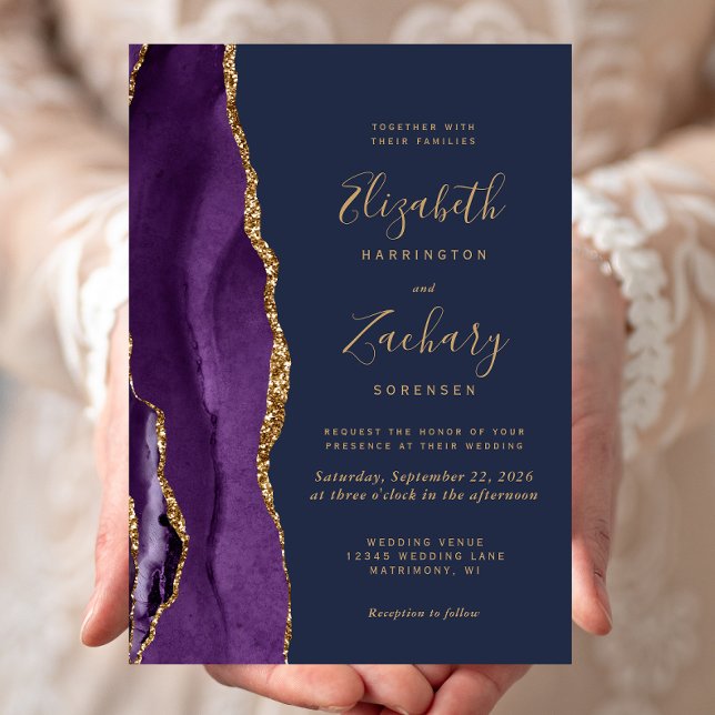Modern Purple Gold Agate Navy Blue Wedding Invitation (Creator Uploaded)