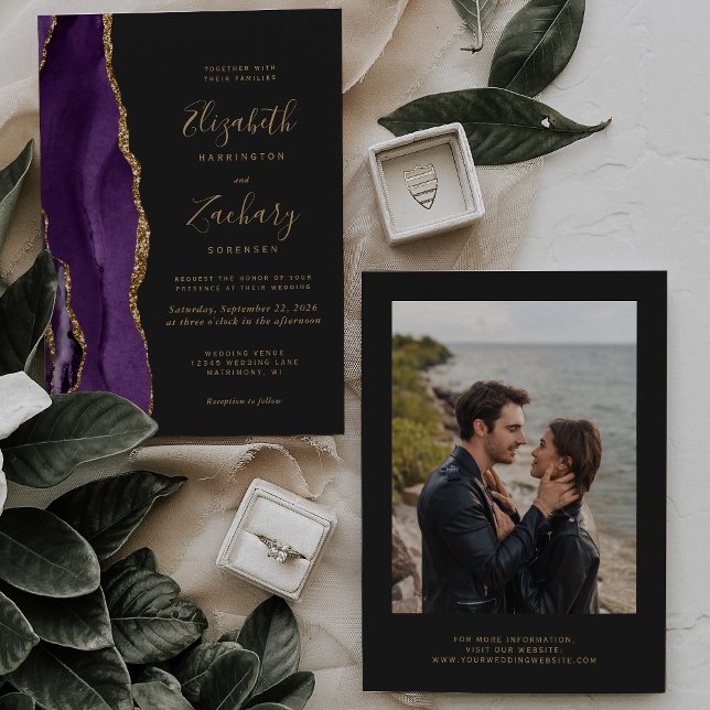 Modern Purple Gold Agate Photo Dark Wedding Invitation (Creator Uploaded)