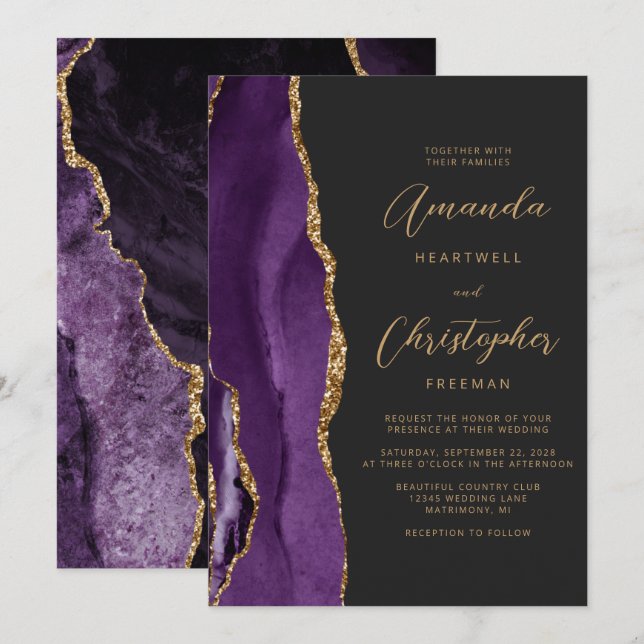 Modern Purple Gold Agate Script Slate Wedding Invitation (Front/Back)