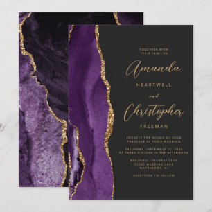 Modern Purple Gold Agate Script Slate Wedding Invitation