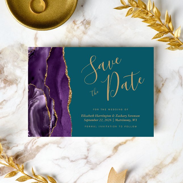 Modern Purple Gold Agate Teal Save the Date Card (Creator Uploaded)