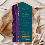Modern Purple Gold Agate Teal Wedding All In One Invitation<br><div class="desc">The left-hand edge of this elegant modern all-in-one wedding invitation and RSVP features a purple watercolor agate border trimmed with faux gold glitter. The customisable text combines gold-coloured handwriting, copperplate and italic fonts on a teal blue background. The return address appears on the outside flap and the reverse side of...</div>