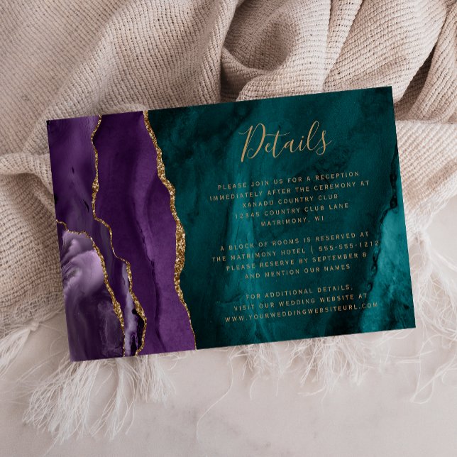 Modern Purple Gold Agate Teal Wedding Details Enclosure Card (Creator Uploaded)