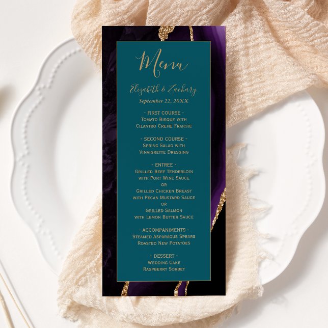 Modern Purple Gold Agate Teal Wedding Menu (Creator Uploaded)