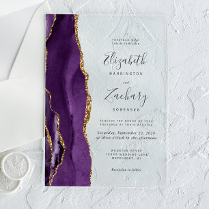 Modern Purple Gold Agate Wedding Acrylic Invitations