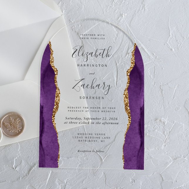 Modern Purple Gold Agate Wedding Arch Acrylic Invitations (Creator Uploaded)