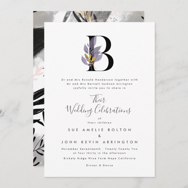 Modern Purple Gold Alphabet 'B' Monogram Wedding Invitation (Front/Back)