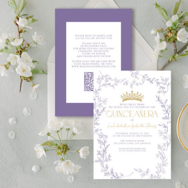 Modern Purple Gold Botanical Floral QR Quinceañera Invitation (Creator Uploaded)