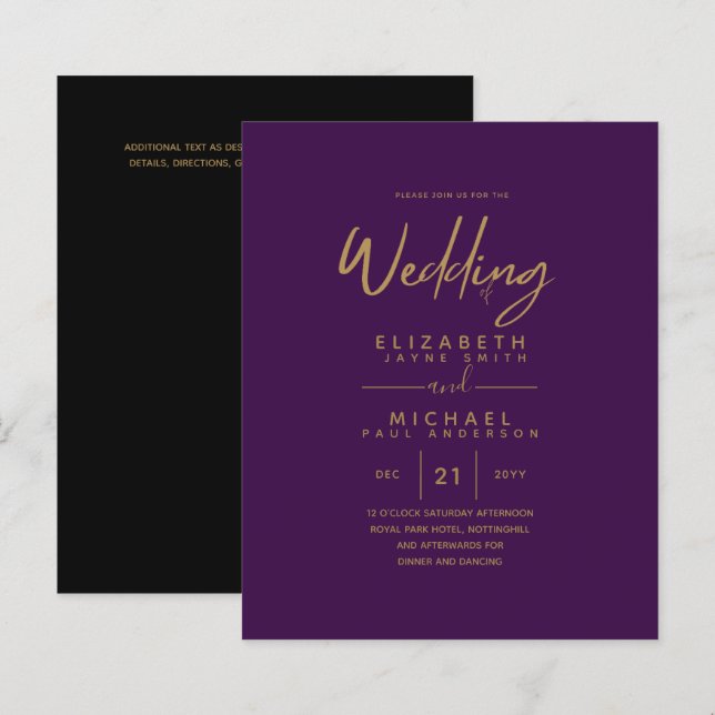 Modern Purple Gold Budget Wedding Invites (Front/Back)