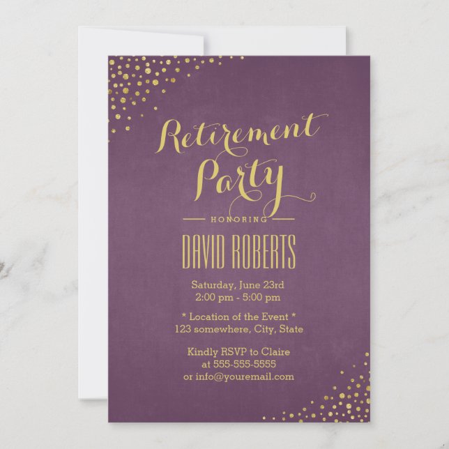 Modern Purple & Gold Dots Retirement Party Invitation (Front)