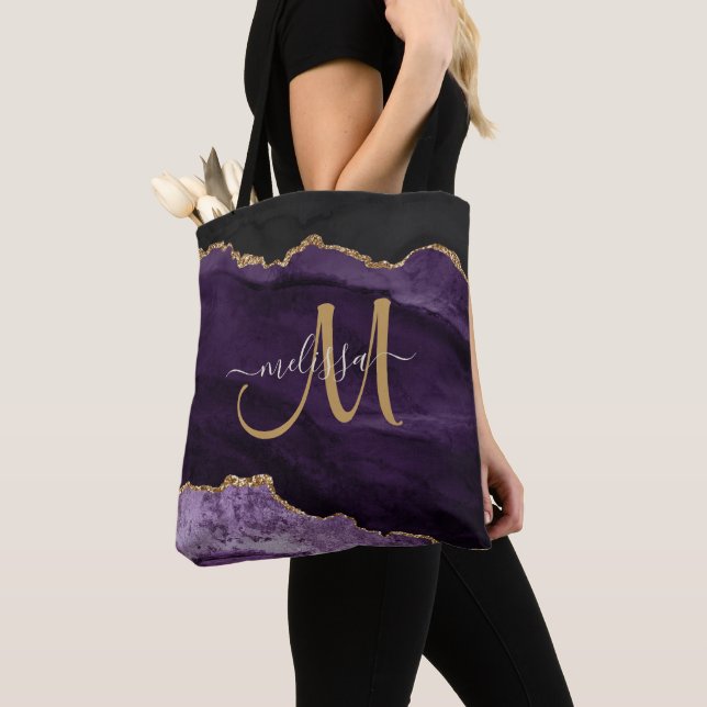 Modern Purple Gold Glitter Agate Monogram Name Tote Bag (Close Up)