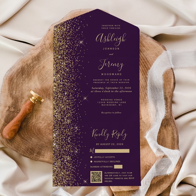 Modern Purple Gold Glitter QR Code Wedding All In One Invitation (Creator Uploaded)
