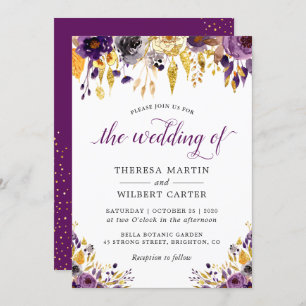 Modern Purple Gold Glitters Floral Wedding Invitation