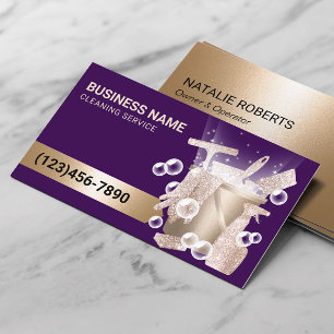 Modern Purple & Gold House Cleaning Service Business Card