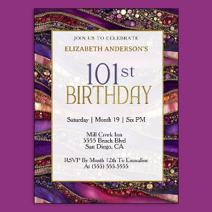 Modern Purple Gold Jeweled Strata 101st Birthday Invitation