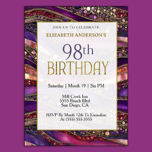 Modern Purple Gold Jeweled Strata 98th Birthday Invitation