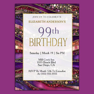 Modern Purple Gold Jewelled Strata 99th Birthday Invitation