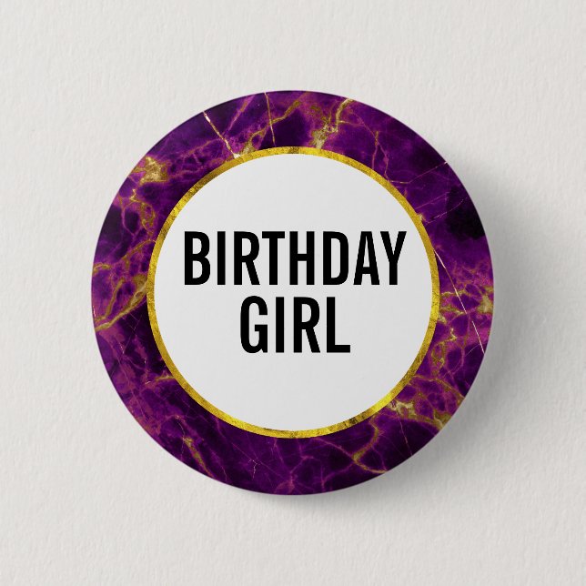 Modern Purple & Gold Marbled Birthday Girl 6 Cm Round Badge (Front)