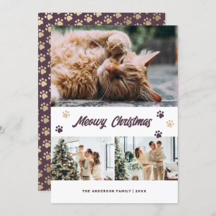 Modern Purple Gold Photo Meowy Christmas Card