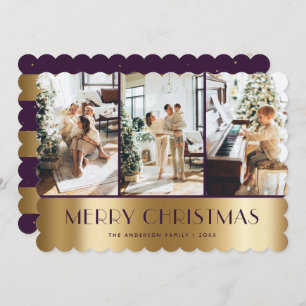 Modern Purple Gold Photo Merry Christmas Card