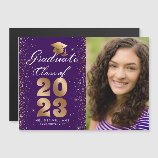 Modern  Purple Gold Script Cap Glitter Photo Grad (Front/Back)