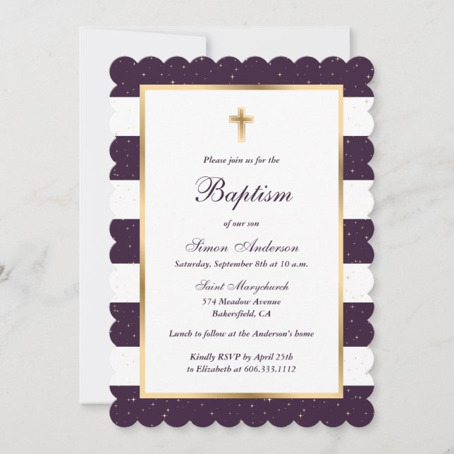 Modern Purple Gold Stars Striped Baptism Invitation (Front)