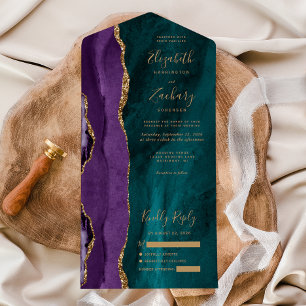 Modern Purple Gold Teal Agate Wedding All In One Invitation