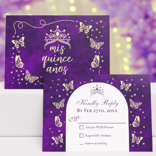 Modern Purple Gold Tiara Butterflies Quinceañera RSVP Card