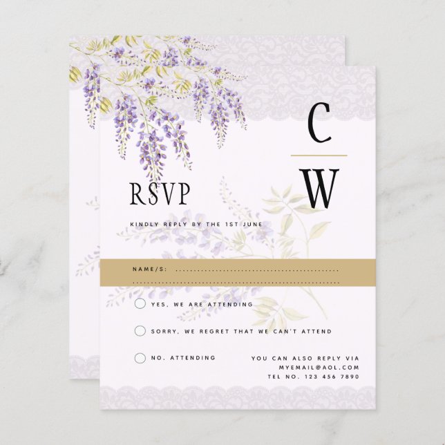 Modern Purple Gold Wisteria Lace RSVP (Front/Back)