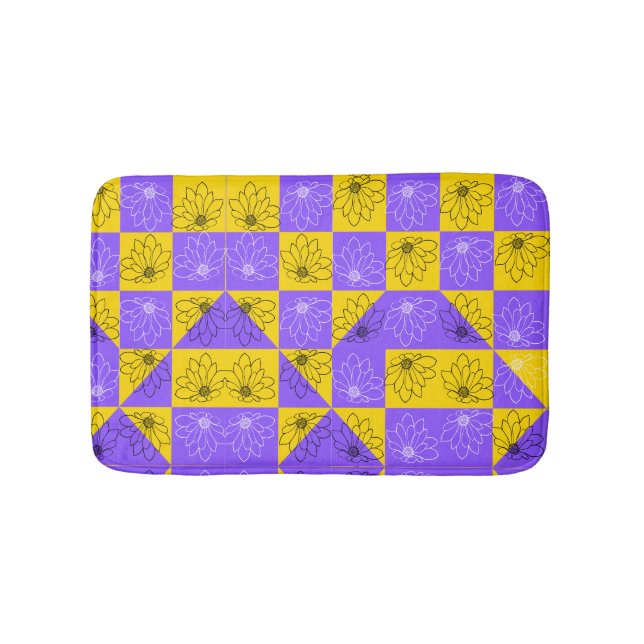 Modern purple & golden Chequerboard floral pattern Bath Mat (Front)