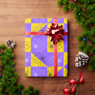 Modern purple & golden Chequerboard floral pattern Wrapping Paper