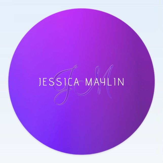 Modern Purple Gradient Name & Monogram  Classic Round Sticker (Creator Uploaded)