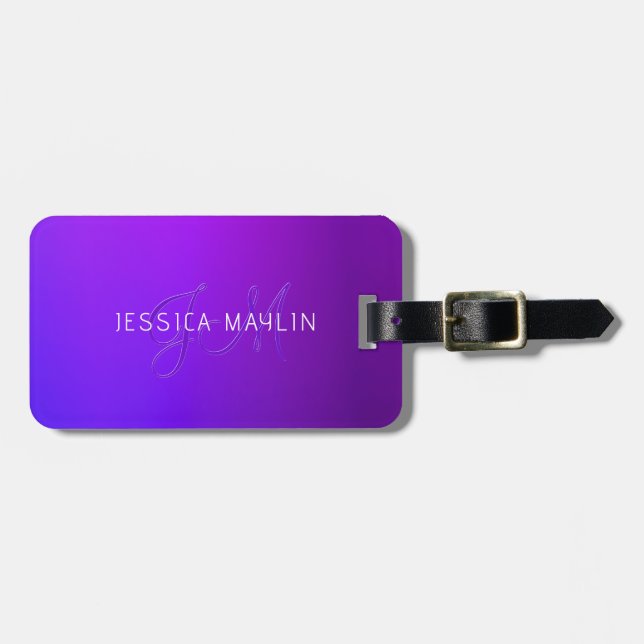 Modern Purple Gradient Name & Monogram  Luggage Tag (Front Horizontal)