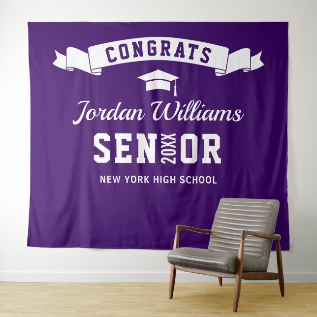 Modern Purple Graduation Photo Booth Backdrop Tapestry (In Situ (Horizontal))