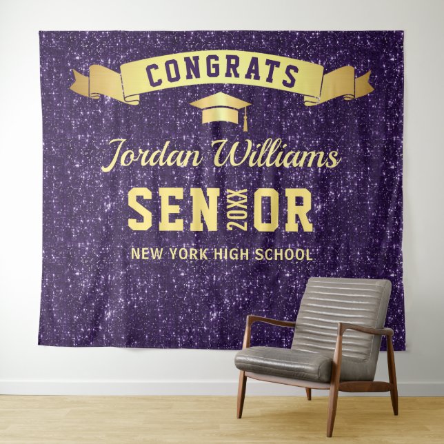 Modern Purple Graduation Photo Booth Backdrop Tapestry (In Situ (Horizontal))