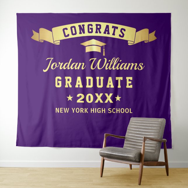 Modern Purple Graduation Photo Booth Backdrop Tapestry (In Situ (Horizontal))