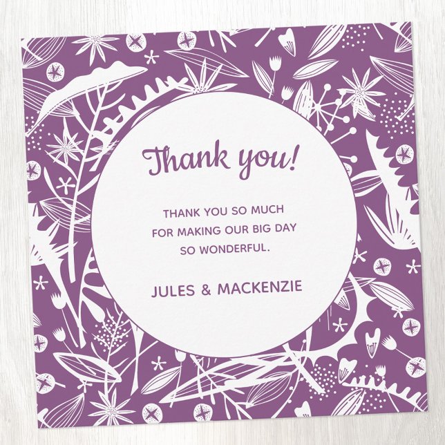 Modern Purple Graphic Floral Wedding Thank You (Modern botanical purple floral wedding thank you card)