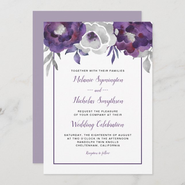 Modern Purple Grey Floral wedding invitations (Front/Back)