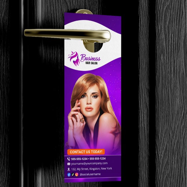 Modern Purple HairStylist Beauty Salon Hairdresser Door Hanger (Creator Uploaded)