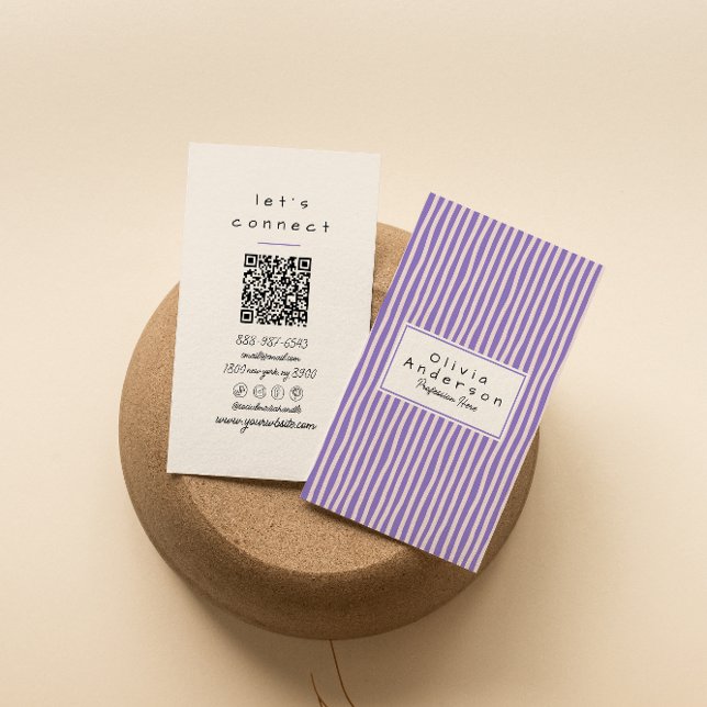 Modern Purple Hand Drawn Stripes Trendy QR Code Business Card (Creator Uploaded)