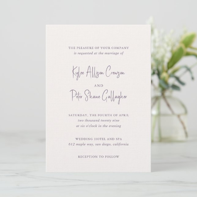 Modern Purple Handwritten Script Elegant Wedding Invitation (Standing Front)