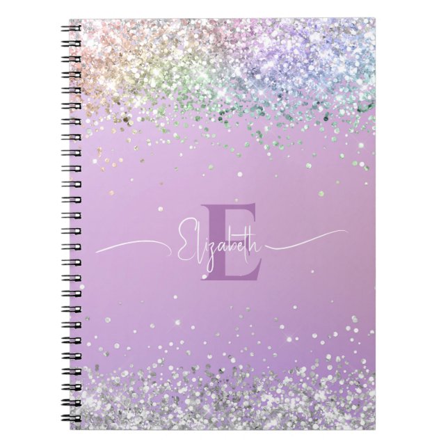 Modern Purple Holographic Faux Glitter Monogram  Notebook (Front)