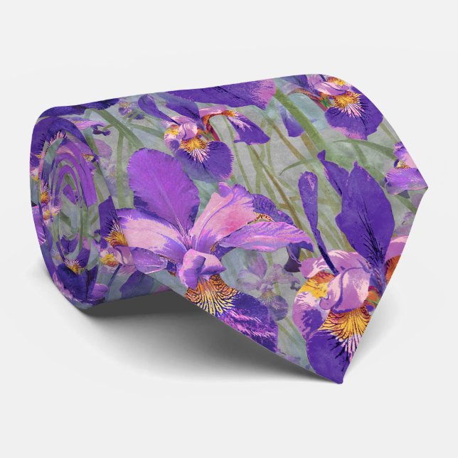 Modern Purple Iris Floral Pattern Wedding Tie (Rolled)