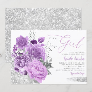 Modern Purple Its A Girl Floral Boho Baby Shower I Invitation