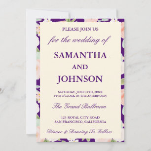 Modern purple Ivory Floral Monogram Photo Wedding Invitation