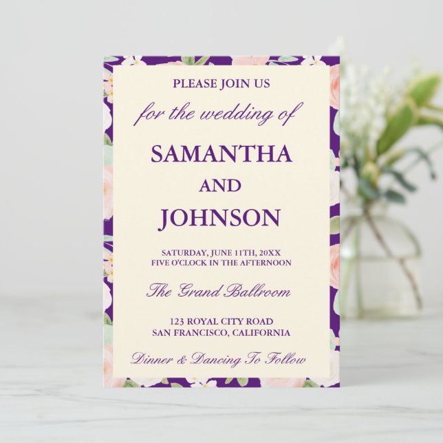 Modern purple Ivory Floral Monogram Wedding Invitation (Standing Front)